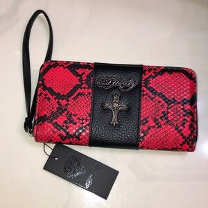 Ed Hardy Red & Black Snakeskin Faux Leather ZA Wallet Skull Cross Accent NWT